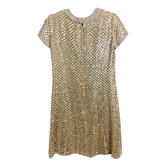 Vintage Mod Gold Knit Sequin Lined Rhinestone Collar Shift Dress Pat Sandler - Picture 4 of 9